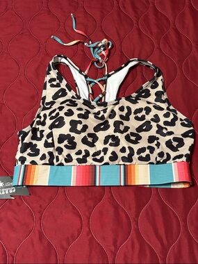 Crazy Train bikini top leopard print with Colorful Striped Band